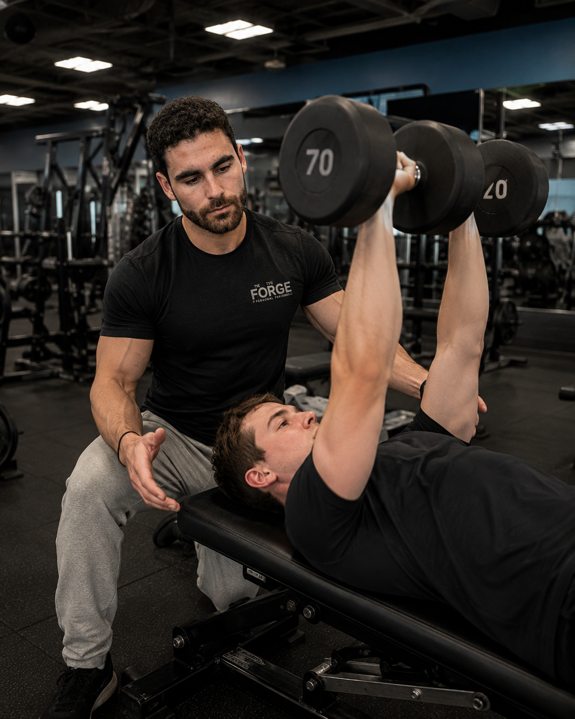 Ethan coaching a client through a dumbbell bench press in the gym