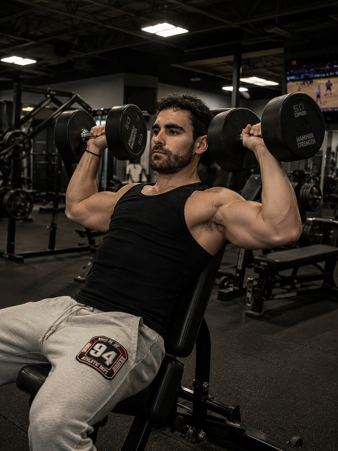 Ethan pressing a pair of 50 lb dumbbells overhead in the gym