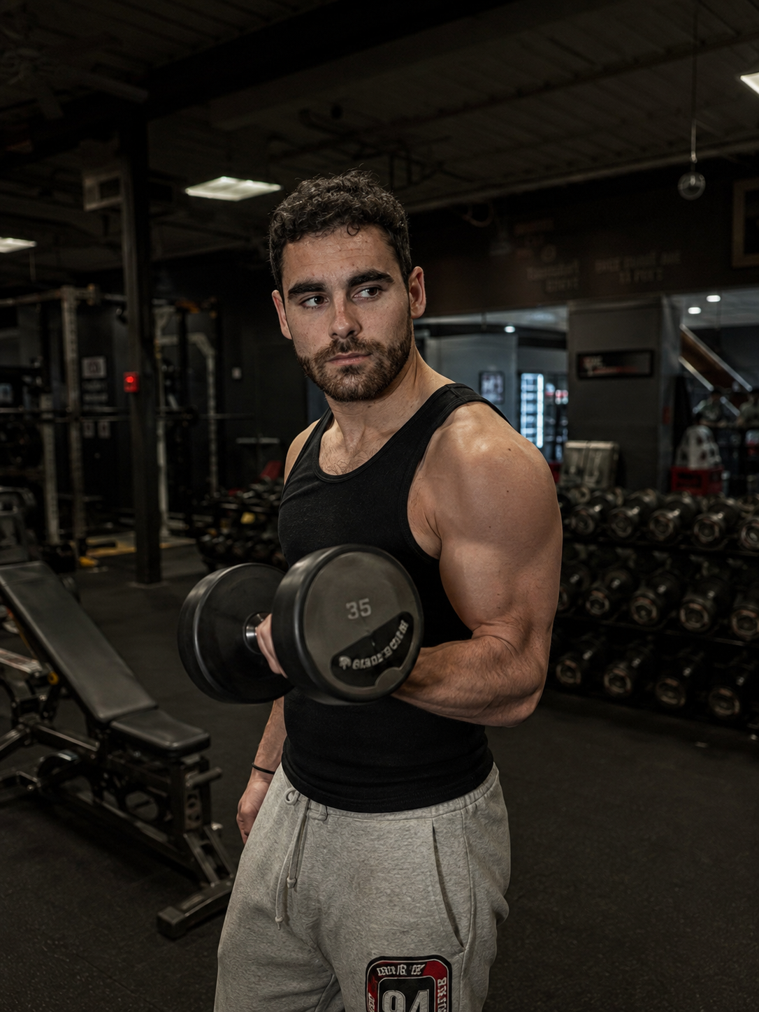 Ethan curling a 35 lb dumbbell, the load written on the bell